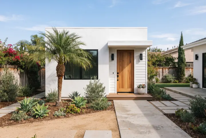 A detached modern accessory dwelling unit (ADU) in a backyard