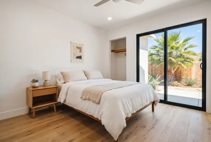 A small ADU bedroom with a neatly made bed in white linens, a light oak floor, white walls