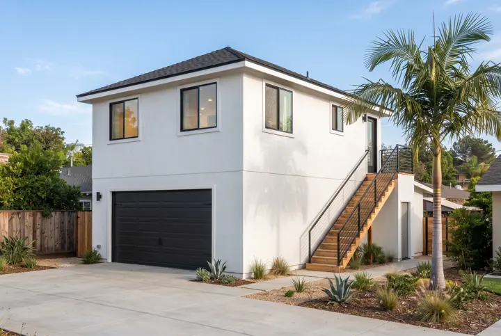 A two-story detached garage with an ADU living space above