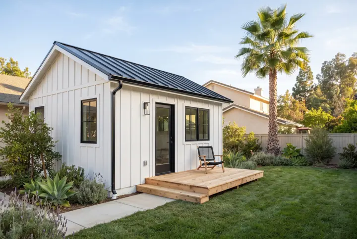 A small backyard cottage ADU in a modern farmhouse style with white board-and-batten siding