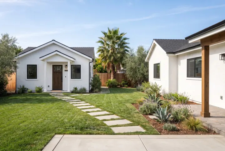 A wide backyard view showing a new detached ADU next to the main stucco house