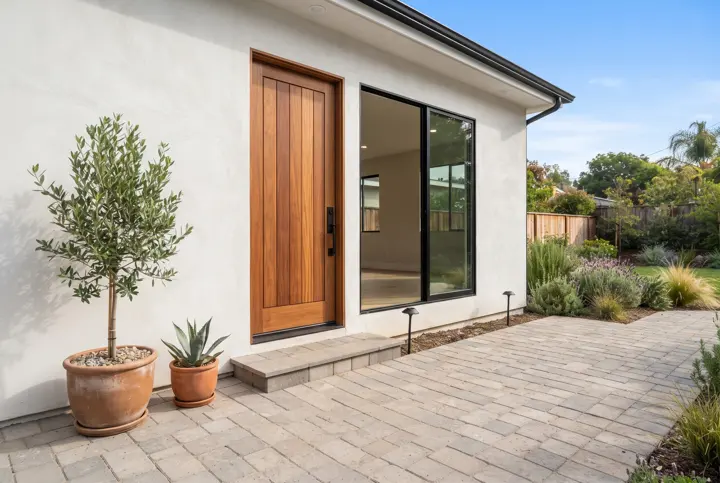 A small entry patio in front of a detached ADU, light gray and tan interlocking pavers