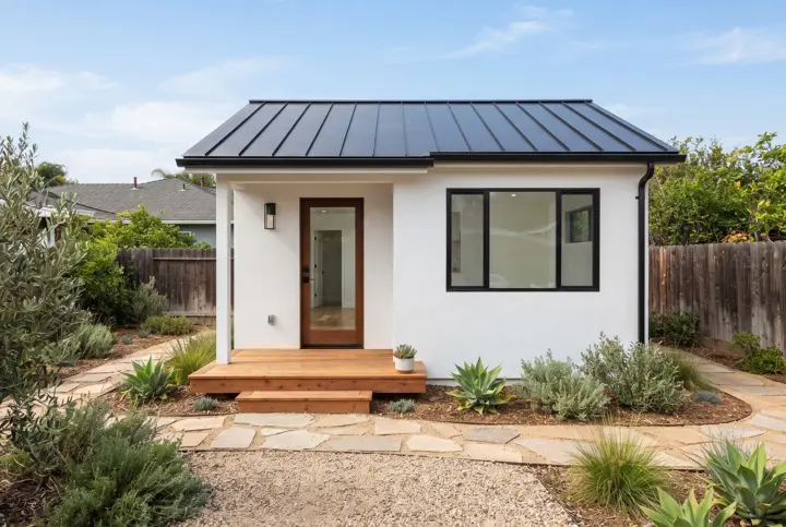 A small detached backyard ADU with white stucco walls