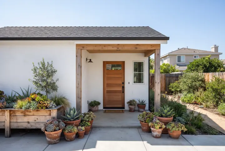 A detached ADU with a covered entry patio under a simple wood-beam roof extension