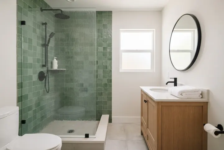 A small ADU bathroom with a walk-in shower with a frameless glass panel and green zellige-style wall tile