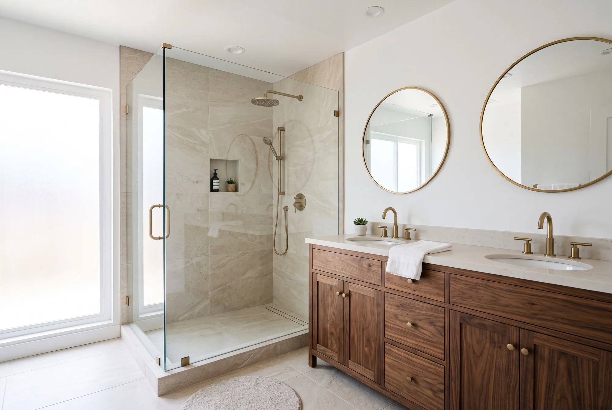 Primary bathroom with a walnut double vanity, gold-framed round mirrors and a frameless glass shower