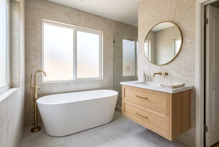 Bathroom with a freestanding tub, brass fixtures and a floating oak vanity under a large window