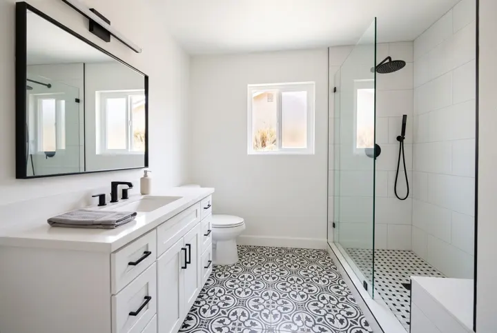 Guest bathroom with black-and-white cement tile floor, matte black fixtures and a glass shower