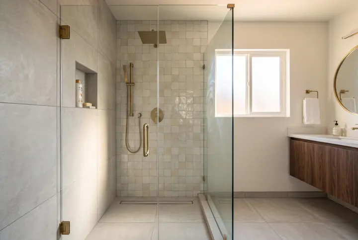 Walk-in shower with handmade zellige tile, a built-in niche and brushed brass fixtures