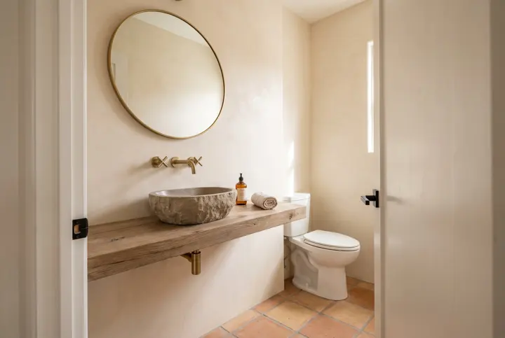 Powder room with plaster walls, a stone vessel sink on a wood shelf and a brass mirror
