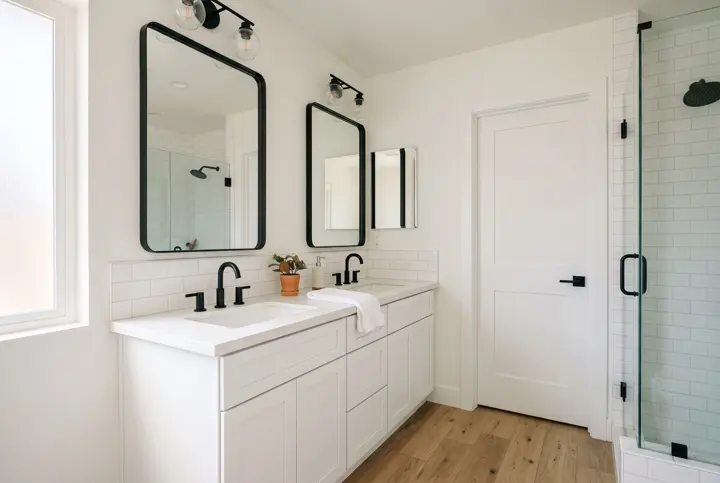 Bathroom with a white double vanity, black-framed mirrors and a glass shower with subway tile