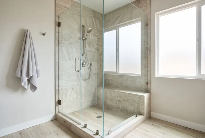 Corner glass shower with a tiled bench, frosted window and light stone tile