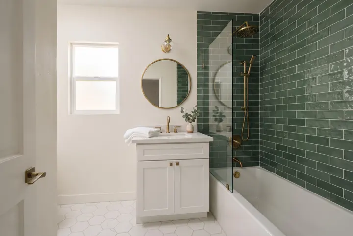 A guest bathroom with a tub and shower combination with glossy deep green rectangular wall tile