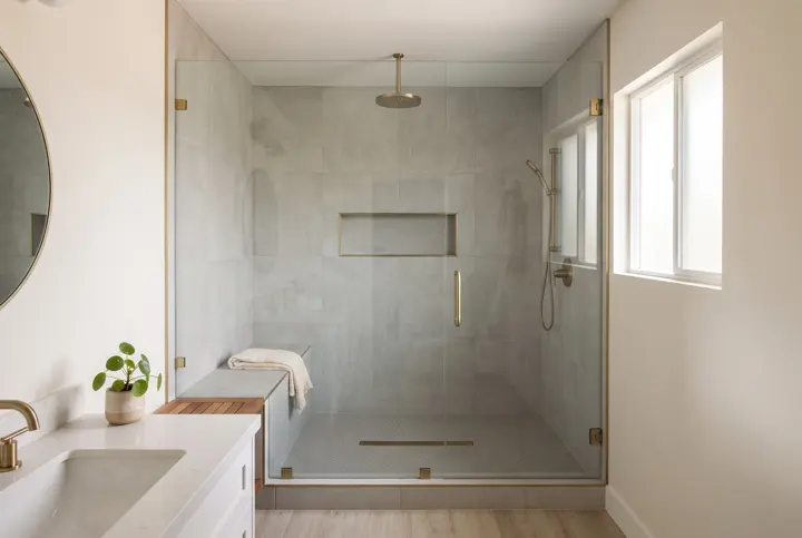 A large walk-in shower with a built-in tiled bench, large-format light gray porcelain wall tile