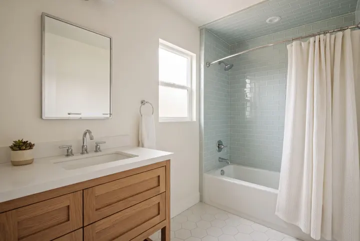 A hall bathroom with a natural oak vanity and a white solid-surface counter, a rectangular mirror