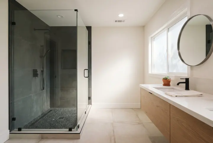 A modern wet-room style bathroom with a frameless glass walk-in shower with dark charcoal large-format tile