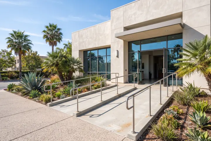 A new gently sloped concrete accessible ramp with stainless-steel handrails on both sides leading to the glass entry of a modern stucco building
