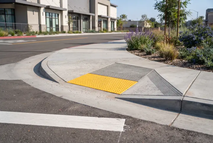 A close view of a new concrete curb ramp with a yellow truncated-dome detectable warning surface panel set flush at the bottom of the ramp
