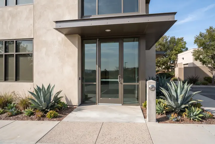 A commercial building accessible entry with a wide glass door with a round stainless automatic door-opener push button mounted on a bollard post beside it