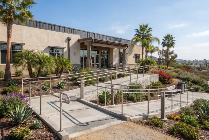 A switchback concrete accessible ramp with stainless-steel handrails on both sides leading to the entrance of a single-story stucco school building