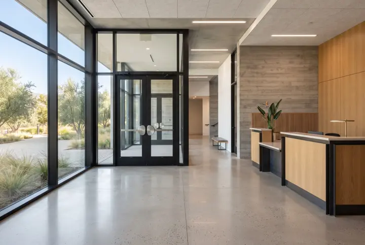 An empty commercial building lobby with power-assist double glass doors with round stainless-steel push-plate operators