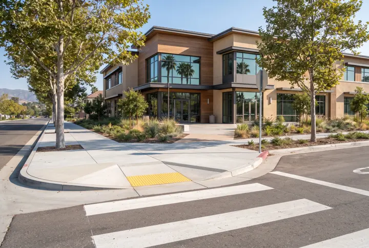 Crosswalk with white painted stripes, curb ramps and tactile paving