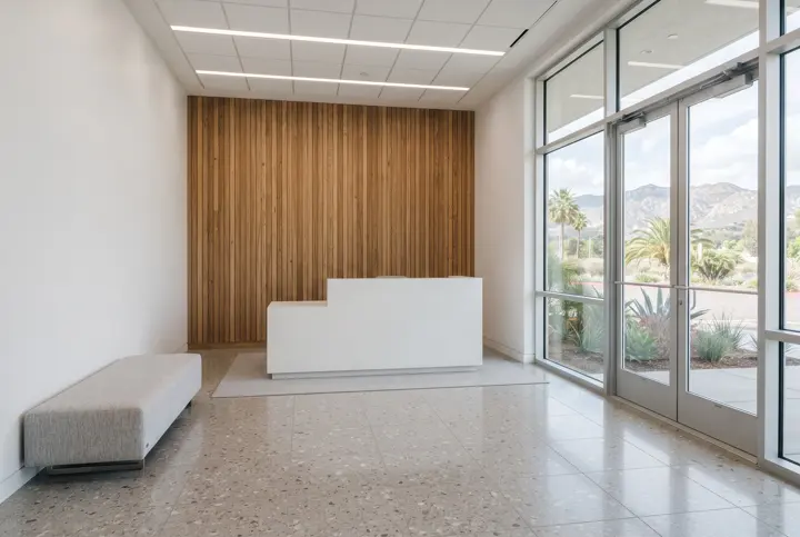 A office reception area with a warm wood slat accent wall behind a simple white reception desk with no items