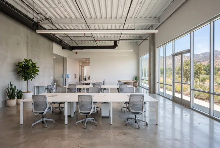 A open office with a polished sealed concrete floor