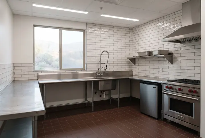 A commercial kitchenette with stainless steel worktables