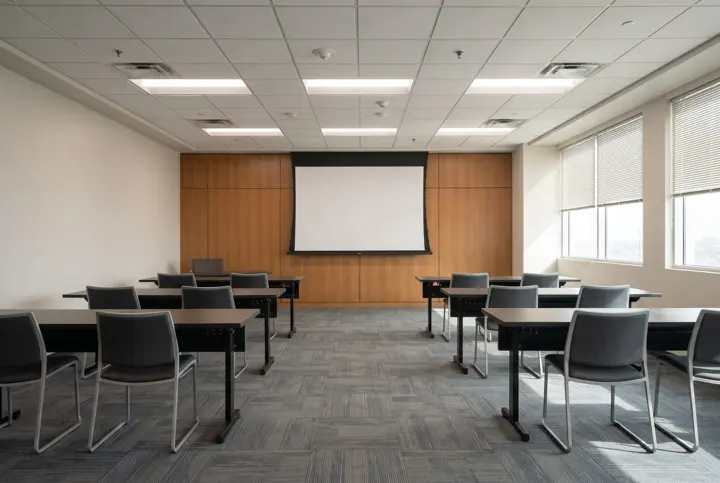 A corporate training room with rows of empty tables and stackable chairs facing a blank white wall with a large blank projection screen