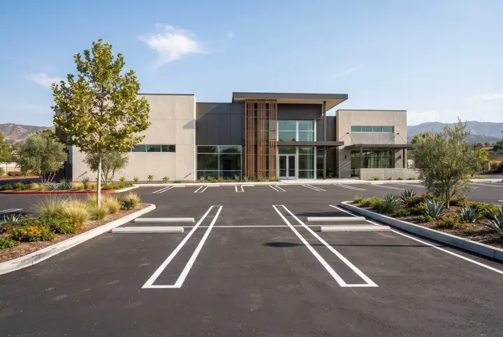 A freshly sealed asphalt parking lot with crisp white parking stall striping
