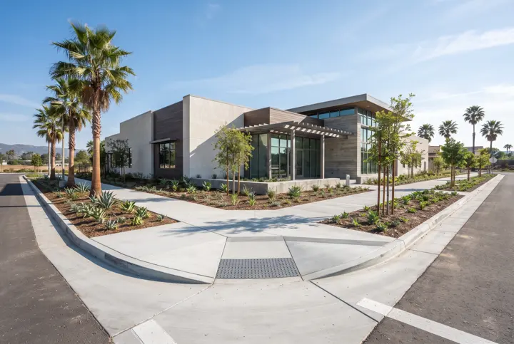 A new light-gray concrete sidewalk with clean saw-cut joints and a smooth curb ramp with a sloped flare at a street corner