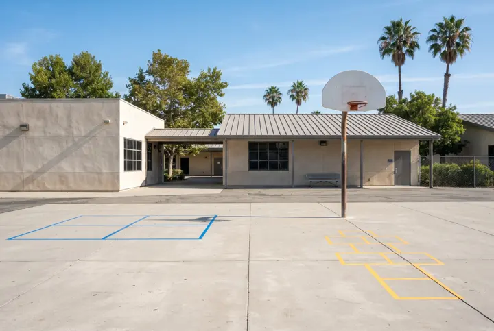 An empty school playground of smooth broom-finish concrete with freshly painted blue and yellow four-square and hopscotch game lines without numbers or letters