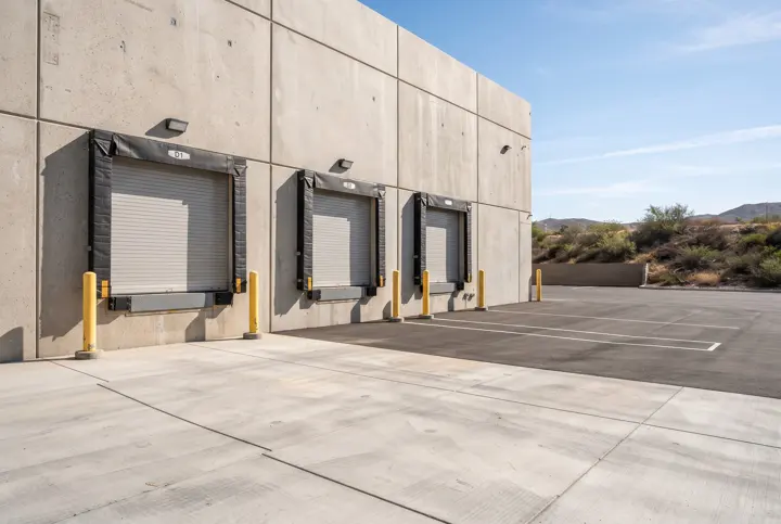 A new concrete loading dock apron in front of a tilt-up concrete warehouse with three plain roll-up dock doors with black bumper seals and no numbers
