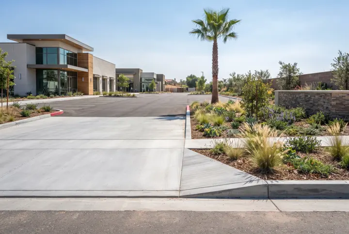 A new concrete driveway approach at a commercial site entrance with a clean sloped concrete apron