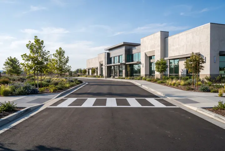 A freshly paved asphalt access road with clean edges and painted white crosswalk stripes with no letters