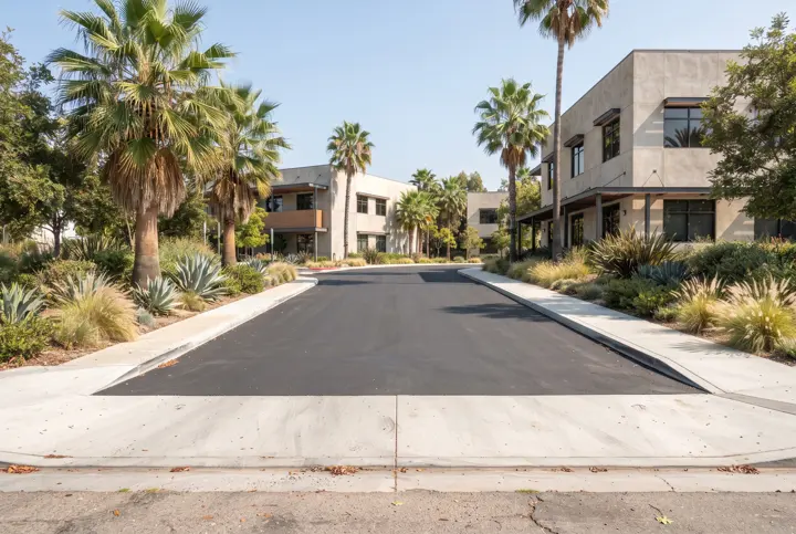 New asphalt entrance drive to a business park with clean concrete edges and drought-tolerant landscaping