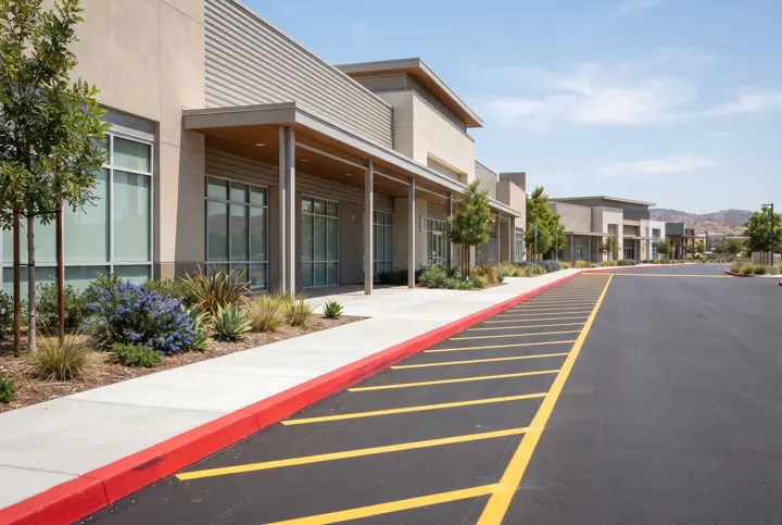 Fresh asphalt fire lane with a red curb and yellow diagonal striping beside a commercial building