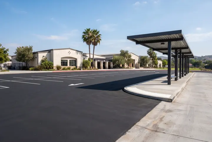 Newly paved school parking lot with a bus loading lane and a steel shelter