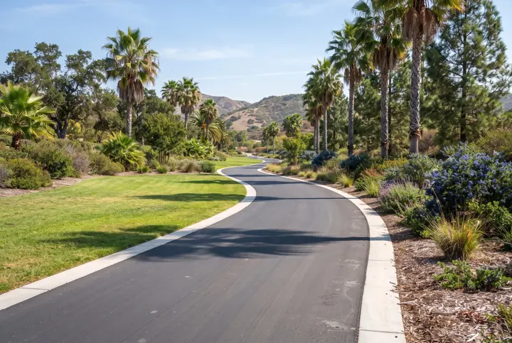 Smooth new asphalt path curving through a park with palm trees and a lawn