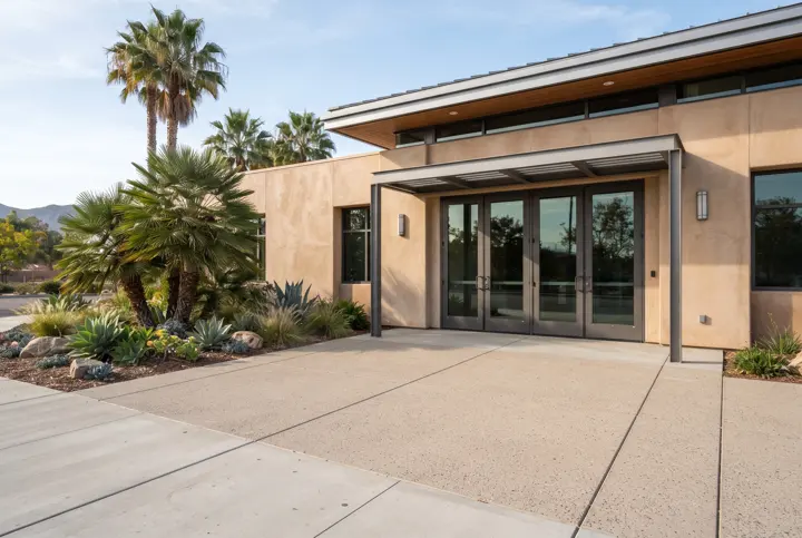 A broom-finish concrete plaza with clean score joints at the entry of a civic building with stucco walls and glass doors