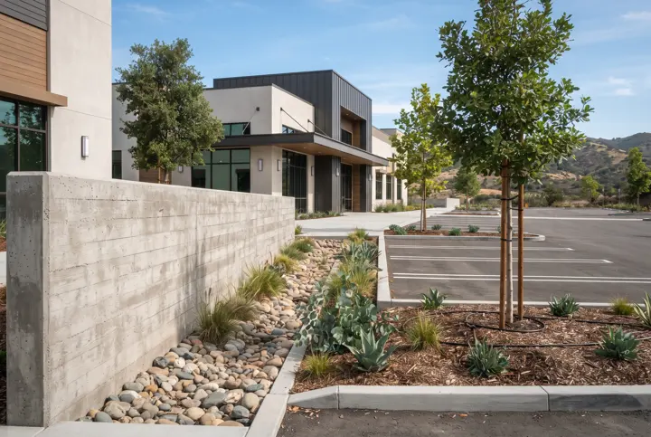 A new concrete retaining wall and a landscaped drainage swale with river rock beside a commercial parking lot with white striping