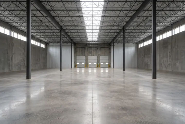Polished concrete floor inside a clean warehouse with steel columns and skylights