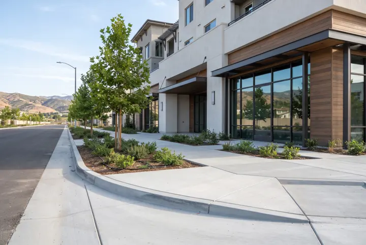 A new concrete curb, gutter and sidewalk along a landscaped city street with young street trees