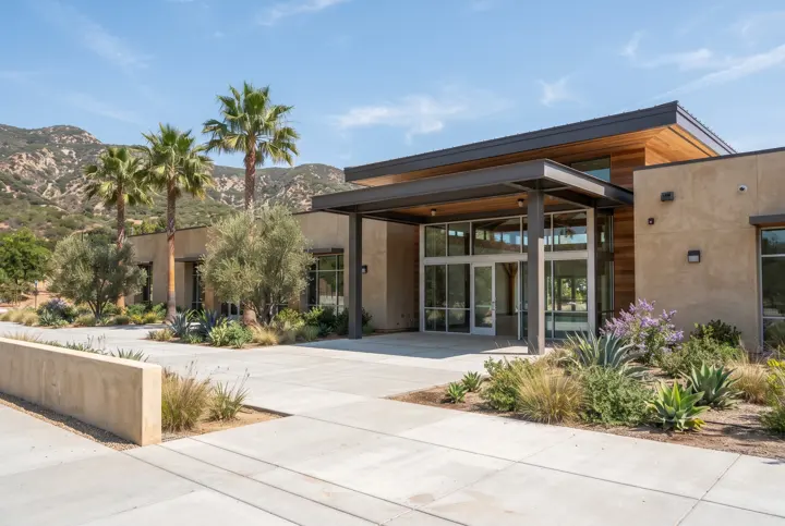 A newly completed community center building exterior with warm stucco walls
