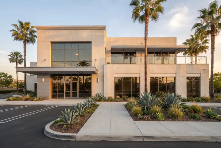 A completed two-story office building exterior with smooth stucco and glass storefront windows