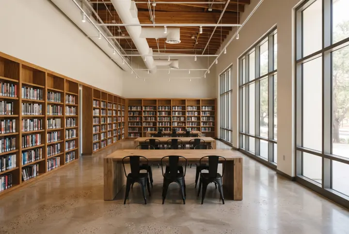A public library reading room interior with warm wood bookshelves along the walls with books shown as plain unreadable spines
