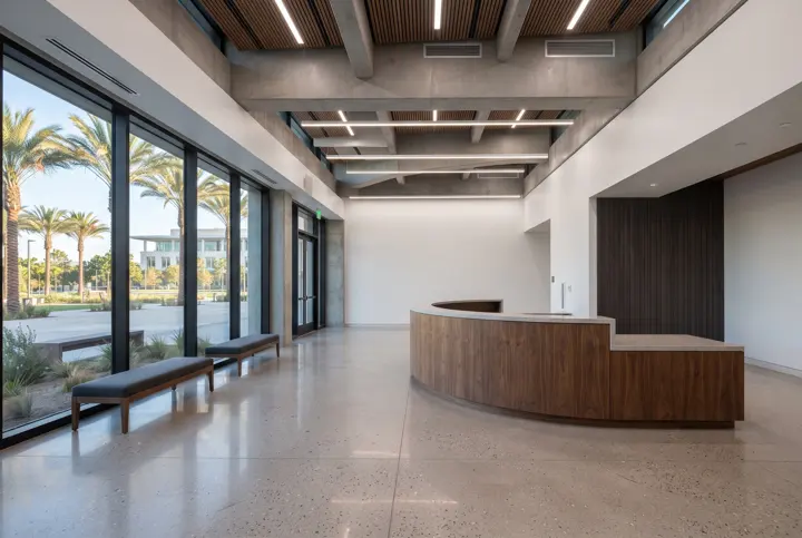 A completed city hall lobby interior with a curved wood reception counter with a stone top and no items on it