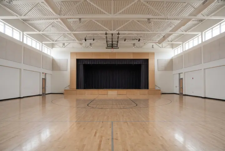 A school multipurpose room interior with a raised wood stage at one end with plain dark curtains