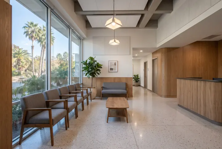 A medical office waiting room with upholstered gray and wood-frame chairs in rows and a small sofa